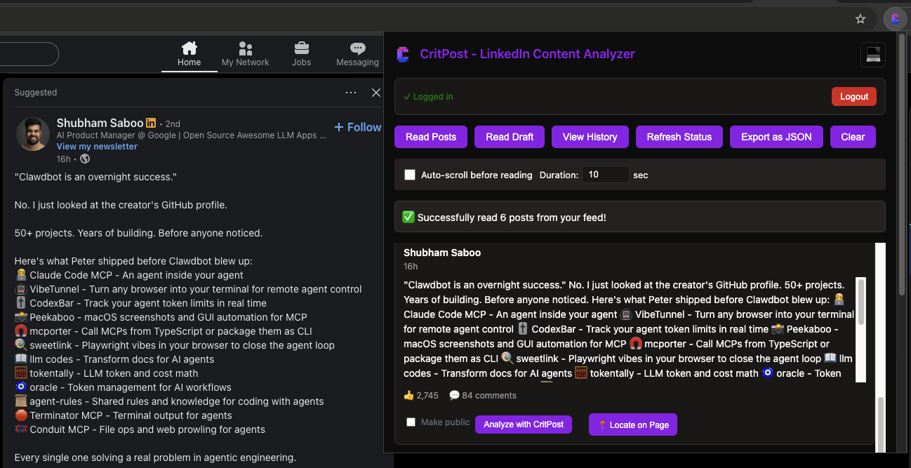 CritPost Chrome Extension Popup Interface
